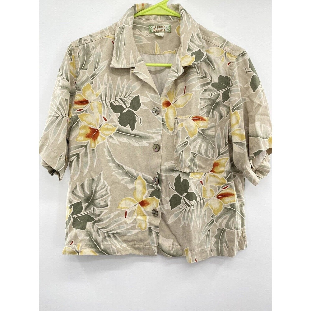 Tommy Bahama Women's Size Small SILK Hawaiian Cropped Button Down Hibiscus Palm